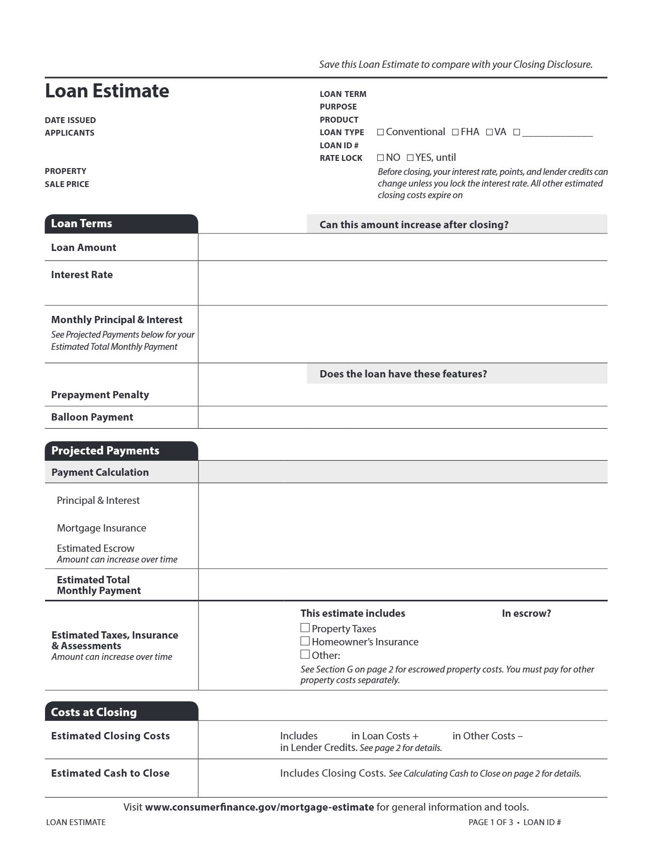 Blank official Loan Estimate form, page 1. The title reads Loan Estimate at the top left, the date issued sits under the title, and the Rate Lock box sits in the facts block at the top right.