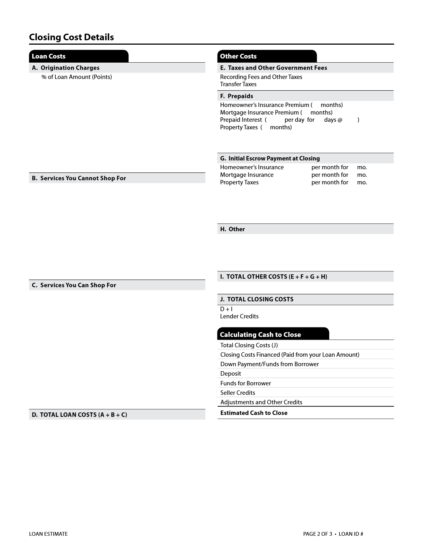 Blank official Loan Estimate form, page 2, Closing Cost Details, showing Sections A through J with no amounts filled in.